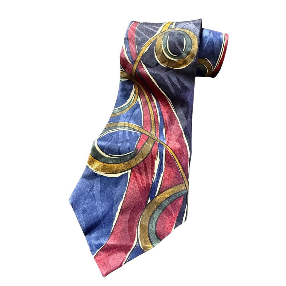 Bugatti Mens Tie 100% Italian Silk Abstract Swirl Navy Blue Burgundy Gold